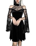 Damen Schwarz Gothic Lolita Spitzenkleid Langarm Schnürung Vintage Punk Puffärmel A Linie Swing Kurz Gothic Kleid, I-schwarz, Medium