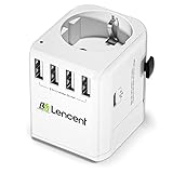 LENCENT Universal Reiseadapter Weltweit Stecker Adapter 2-Pin EU Steckdose 2500W auf 3-Pol mit 4 USB&1 PD 30W Typ-C Port aus Europa für über 100 Länder Typ-G UK Typ-B USA Amerika Typ-I