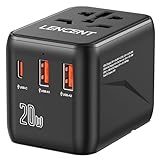 LENCENT Universeller Reiseadapter, Weltreise Reisestecker Internationaler Adapter mit 2 USB & Typ-C PD 20W, Weltweites Ladegerät für Handys, Laptop, USA/UK/EU/AUS Steckdosen, Schwarz