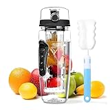 IOLOYU Water Bottle,1 Litre trinkflasche 1l wasserflasche mit fruchteinsatz flasche für sport,schule, mädchen,junge,erwachsene auslaufsicher bpa frei tritan bottle mit Tragegriff(Schwarz)
