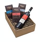 Präsentkorb „GENUSSBOX“ mit Wein und Schokolade in einem Geschenkkarton | Italienischer Rotwein Montepulciano D`Abruzzo und drei französische Schokoladentafeln als Geschenkset