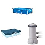 Intex Pool-Set (Pool, Pumpe, Abdeckplane) - Rectangular Frame Pool -Aufstellpool - 300 x 200 x 75 cm + Pool Cover - 300 x 200 cm + Krystal Clear Cartridge Filter Pump - 900 L/H