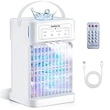 Klimaanlage Mobil, 4-in-1 Mobile Klimaanlage, Ventilator mit Wasserkühlung 1100ml Wassertank, Air Conditioner mit 3 Windgeschwindigkeiten,7 Farben Licht 3 Sprühfunktion, 2-8H Timer für Schlafzimmer