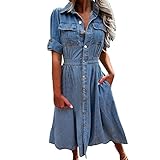 Damen Sommerkleid Lässig Kurze Ärmel Knopf Unten Gestaffelt Denim Babydoll Jean Kleid A-Line Swing Kleider Vintage Jeanskleid mit Taschen Knielang Midi Kleid Damen Sommer Kleider Freizeitkleider