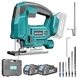 SINGTIP Akku Stichsäge Kompatibel mit Maa-kita 18V Batterie mit 2×2.0Ah Akkus, Elektro Stichsägen für ±45°Gehrungsschnitt 2900RPM mit 3 Pendelhub Einstellungen, 6 Sägeblätter für Holz/Metall/PVC