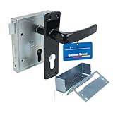 MS Beschläge Kastenschloss aus Stahl verzinkt mit schließender Falle, 2-tourigem Riegel, Drückerpaar & Kurzschild schwarz – robustes Aufschraubschloss DIN links/rechts 60mm Dornmaß (Profilzylinder)