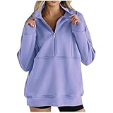 Damen-Sweatshirts mit halbem Reißverschluss, Stehkragen, lange Ärmel, übergroße Pullover mit Taschen, bequem und lässig, Violett, M