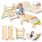 Giant bean 5-in-1 Montessori Kletterdreieck mit Kletterbogen und Rutsche, Holzdreieck für Kleinkinder ab 1-3, Indoor Kletterspielzeug, Regenbogen mit Kissen, S