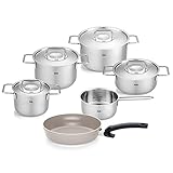 Fissler Pure Collection / Edelstahl-Kochtopfset, 6-teilig, Töpfe mit Metall-Deckel (3 Kochtöpfe,1 Bratentopf 1 Stielkasserolle, Ceratal Comfort Pfanne 24 cm) - Induktion