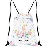 WAWSAM Regenbogen Einhorn Kind Rucksack mit Kordelzug - 34 x 45 cm Sport Turnbeutel für Mädchen Wasserdicht Strand Schwimmen Schule Reise Sackpack Geburtstag mit Reißverschlusstasche