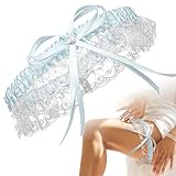 BrautStyle® Premium Braut Strumpfband in Blau für Hochzeit in Einheitsgröße, Band verziert mit Spitze, Schleife und einem edlen Herz aus filigranen Strass-Steinen, 100% Handgefertigt (Hellblau)