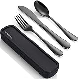 Camping Besteck, 4 Stück Edelstahl Reisebesteck mit Etui, Verstärktes Gehäuse mit Schnallen-Design, Campingbesteck für Outdoor, Reise, Arbeit, Schule, Spülmaschinenfest, Schwarz
