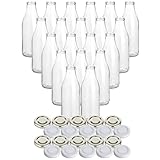 gouveo 20er Set Glasflasche für Saft mit Schraubdeckel in silberfarben und Weiss - Saftflasche 1000 ml - Leere Flaschen für Saft, Limonade, Milch (SF1000SW)