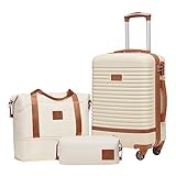 COOLIFE Koffer Set 3-TLG: Handgepäck + Reisetasche | ABS Hartschale Leicht, 360° Räder & TSA-Schlösser Für Europa, Kreuzfahrt & Auslandsstudium – Familienurlaub Essentials Weiß/Braun