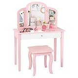 DREAMADE Schminktisch Kinder mit Hocker und abnehmbarem Spiegel,Prinzessin Frisiertisch, Frisierkommode, Kosmetiktisch, Kinderschminktisch mit Kiefernholz-Beine für Kinder Mädchen (Rosa)