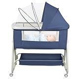 Kedia Babybetten mit Moskitonetz, Baby Beistellbett mit Rollen, Reisebett Baby, Baby-Spielbett Höhenverstellbar, Tragbares Kinderreisebett (Blau - A)