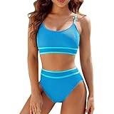 Lomhmn Sommer-Tankini-Set für Damen, Mädchen, neuer Badeanzug für Damen, hohe Taille, Bikiniset, sportlich, zwei Badeanzüge, Farbblock, hoher Ausschnitt, langer Torso-Badeanzug für Damen, blau, XL