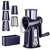 Rotary Cheese Grater Hand Crank Cheese Shredder for Fresh Cheese Vegetables, Nuts, Strong Non-Slip Suction Cup Base, Five Replaceable Blades, Removable for Cleaning.