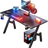 HLONONE Gaming Tisch 120 x 60 cm, Gaming Schreibtisch, Stabiler PC Schreibtisch mit Kohlefaserbeschichtung, Ergonomischer Computertisch mit Kopfhörerhaken und Getränkehalter, Schwarz