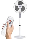 BAKAJI Standventilator mit Fernbedienung, Leistung 50 W, 3 Geschwindigkeiten, 40 cm, Höhe und Neigung einstellbar bis zu 130 cm, Timer-Funktion, rund, horizontale Schwingung (weiß)