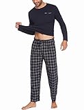 Ekouaer Herren Pyjama Lang Schlafanzug Set Baumwolle Rundhals Langarm Shirt mit Tasche Pyjamahose Zweiteilig Nachtwäsche Blau L