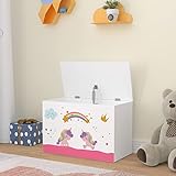 [en.casa] Spielzeugkiste Oleiros mit aufklappbaren Deckel Aufbewahrungsbox für Kinderzimmer Bücher Spielzeug 40 x 60 x 30 cm Kinderzimmerbox mit Einhorn Motiv Weiß/Lila/Rosa