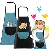 Malschürze Kinder, 2 Stück Wasserdicht Schürze Kinder Schule, Verstellbare Kochschürze Kinder mit Taschen, 60 x 45 cm Kinderschürze für Jungen Mädchen Malen Backen Kochen Basteln (Schwarz, Blau)