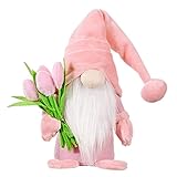 Frühlingswichtel,Stehende Niedliche Wichtel mit tulpen Blumensträuße Süßer Zwerg Wichtel Figuren Geschenk für Frauen Mama Hochzeitstag Freundin Ehefrau Muttertag Dankeschön Osterdekoration 37cm Rosa