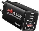 YOUSAMS 65W Ladegerät GaN III 3-Port USB C Schnellladegerät, USB C PPS Netzteil mit QC4.0+ & PD3.0, Kompatibel mit iPhone 15-8 Series iPad Pro MacBook Pro/Air Galaxy S23 Dell XPS 13/15, usw. (Schwarz)