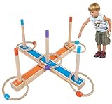 Wurfspiel Ringwurfspiel,Ringwurf-Spiel aus Holz mit 5 Spielstäben und 5 Ringen aus Sisal, Geschicklichkeits-Spiel für Kinder und Erwachsene, beliebtes Outdoor-Sportspiel für den Sommer