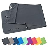 Fit-Flip Fitness Handtuch - mit Magnet und Reißverschluss Tasche - Gym Handtuch aus Mikrofaser für Sport und Fitness - Kompakt & Schnelltrocknend - Sporthandtuch Fitnessstudio - Dunkelgrau - 130x48cm