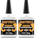 2× 50 g Sekundenkleber Set – Flüssig & Gel – KRAFTPROTZ Superkleber extra stark, wasserfest & hitzebeständig – Anti-Austrocknungs-Spitze – Für Kunststoff, Glas, Metall, Holz, Gummi, Stein & mehr
