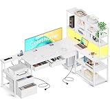 Coleshome Eckschreibtisch mit 5 Schubladen & 4 Regalen, Schreibtisch L-Form mit LED, Steckdosen & USB, großer Schreibtisch für Homeoffice, Weiß, 180×100cm