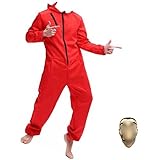 Yigoo Karneval Halloween Bankräuber Fasching Kostüm Overall mit Maske Cosplay für Herren, Damen Erwachsene Rot M