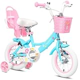 Glerc Maggie 12 Zoll Kinderfahrrad Alter 1 2 3 4 Jahre alt Mädchen Fahrrad Prinzessin Stil mit Puppen-Sitz & Korb & Stützräder & Glocke für Geburtstag, Blau