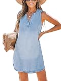 CUPSHE Damen Denim Minikleid V-Ausschnitt Ärmellos Tank Tunika Casual Sommer A-Linie Kleid Blau L