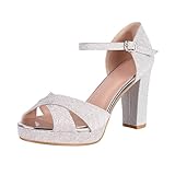 Elara Damen Sandaletten Trichter Absatz Strass Chunkyrayan 8173-GL-Silver-41