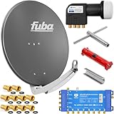 Fuba 8 Teilnehmer Digital SAT Anlage 78cm Schüssel DAA780A Anthrazit + hb-digital UHD 414 S Quattro LNB 0,1dB HDTV 4K + UHD-MS 5/8 Multischalter + Aufdreh-Set + 24 vergoldete F-Stecker Gratis dazu