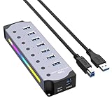 Juuewrryg USB 3.0 Hub, 7-Port RGB-Hub mit LED-Streifen, Dynamischen, Schaltern, Aluminiumgehäuse Hub für PCs, Laptops, EU-Stecker