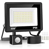 Jsdoin 50W LED Strahler mit Bewegungsmelder 4500LM Außenstrahler 6500K Kaltweiß Superhell Scheinwerfer Flutlicht IP65 Wasserdicht Wandleuchte Außen Tageslicht Wandleuchte mit 2M Kabel