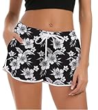 NEWISTAR Badehose Damen High Waist Locker Sommer Kurze Badeshort 3D Blume Druck Hawaii Strand Shorts Schnell Trocknendes UV Sport Sommerhose Gym Boardshorts mit Taschen,M,40-42,Schwarz