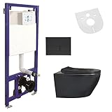 Belvit WC Schwarz Matt Spülrandlos Wand WC - Komplettset mit Vorwandelement, Betätigungsplatte, Softclose Deckel, Schallschutz