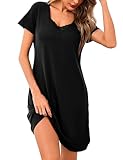 Aseniza Nachthemd Damen Kurzarm Schlafshirt Spitze Kurz Sommer Sleepshirt Schlafkleid Nachtwäsche Nightgown Baumwolle V-Ausschnitt Schwarz XL