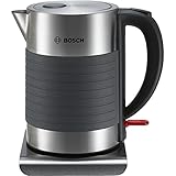 Bosch kabelloser Wasserkocher TWK7S05, Abschaltautomatik, Überhitzungsschutz, Dampfstopp-Automatik, einfache Reinigung, 1,7 L, 2200 W, schwarz/grau