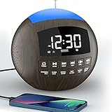 Radiowecker aus Holz, Radio für Schlafzimmer, Bluetooth-Wecker, FM-Radio mit 7 Farben, Nachtlicht, Typ C & USB-Ladeanschluss, Batterie-Backup, LED-Dimmer-Display, Timer, Nachttisch, Kinder