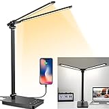 BIAOQINBO Doppelkopf Schreibtischlampe LED Dimmbare Tischlampe Bürolampe Augenfreundliche Schreibtischlampe mit 5 Farb x 10 Helligkeit Sensible Kontrolle USB-Anschluss für Zuhause Büro