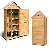 HOMASIS Gerätehaus Holz, Gartenschrank wetterfest, Gartenhaus mit 5 Ablagen, Geräteschuppen mit Satteldach, Gartenschuppen für den außenbereich, Gartenhütte Geräteschrank Holzhaus, 80x45x177cm, Natur