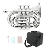 WUQIMUSC Messing Pocket Trompete Bb Schlüssel vernickelt mit Mundstück 7C, Reinigungsset, Tragetasche, Handschuhe für Anfänger/Studenten (Silber)