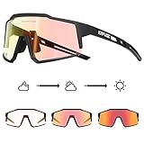 KAPVOE Photochromatische Selbsttönend Fahrradbrille TR90 Rahmen für Herren Damen Klar Sportsonnenbrille Sport Radfahren MTB Radbrille Sportbrille Fahren Baseball Laufen Rot Schwarz 01