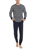 Sykooria Herren Schlafanzug lang mit Bündchen aus Baumwolle Zweiteiliger Pyjama Herren lang, Langarm Shirt & Schlafanzughose, Dunkelblau M